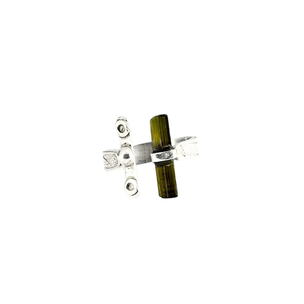 Raw Green Tourmaline Bar Ring: Adjustable Sterling Silver Boho Jewelry