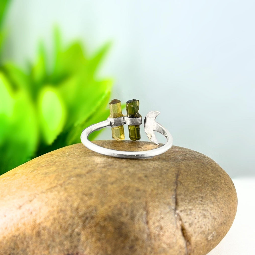 Raw Tourmaline Bar Ring: Sterling Silver Open Band, October Birthstone