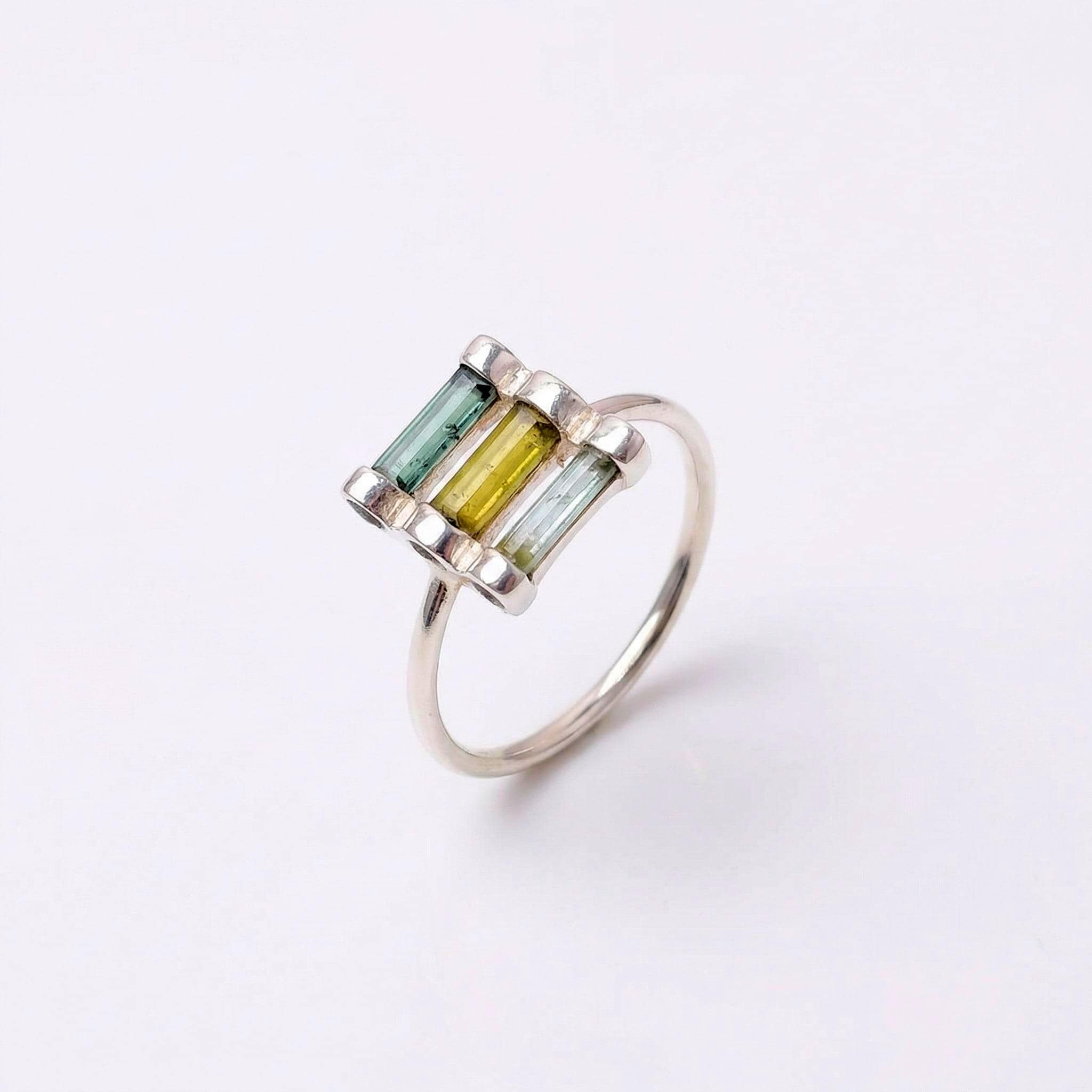 Raw Green Tourmaline Bar Ring: Sterling Silver October Birthstone