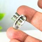 Raw Green Tourmaline Bar Sterling Silver Ring: Handmade Open Band