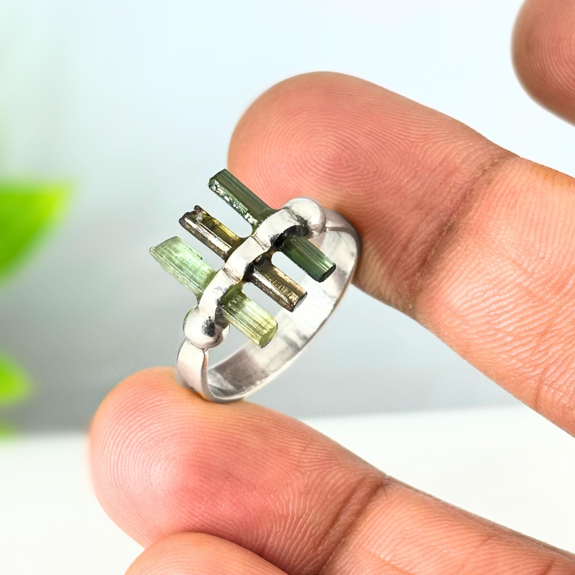 Raw Green Tourmaline Bar Sterling Silver Ring: Handmade Open Band