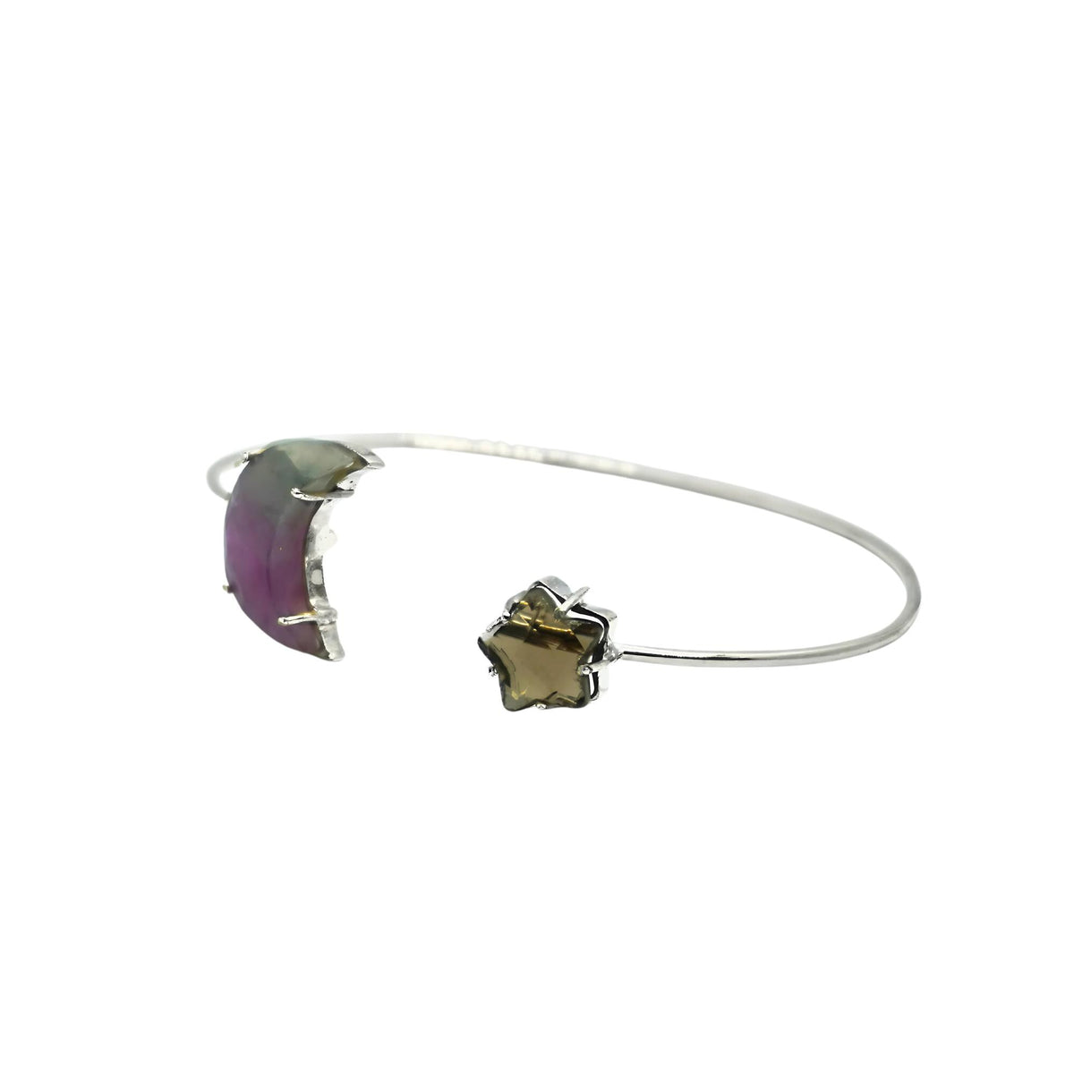Sterling Silver Celestial Cuff Bracelet | Amethyst Moon, Smoky Quartz Star