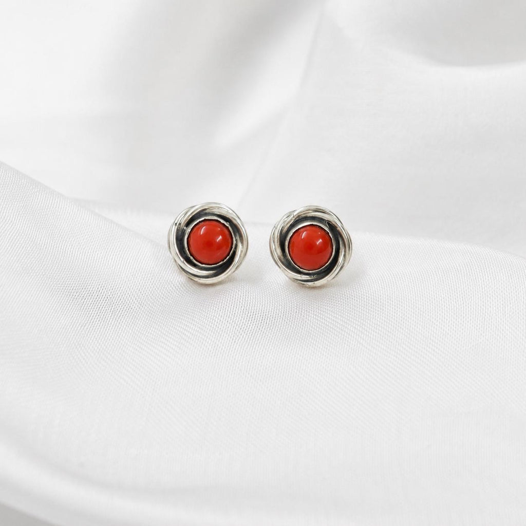 Red Coral Round Stud Earrings 925 Sterling Silver | Gemstone Studs | January Birthstone | Handmade Jewelry