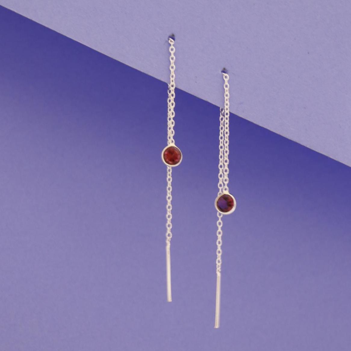 Garnet Threader Earrings 925 Sterling Silver | Dainty Chain Drop | January Birthstone | Minimalist Jewelry