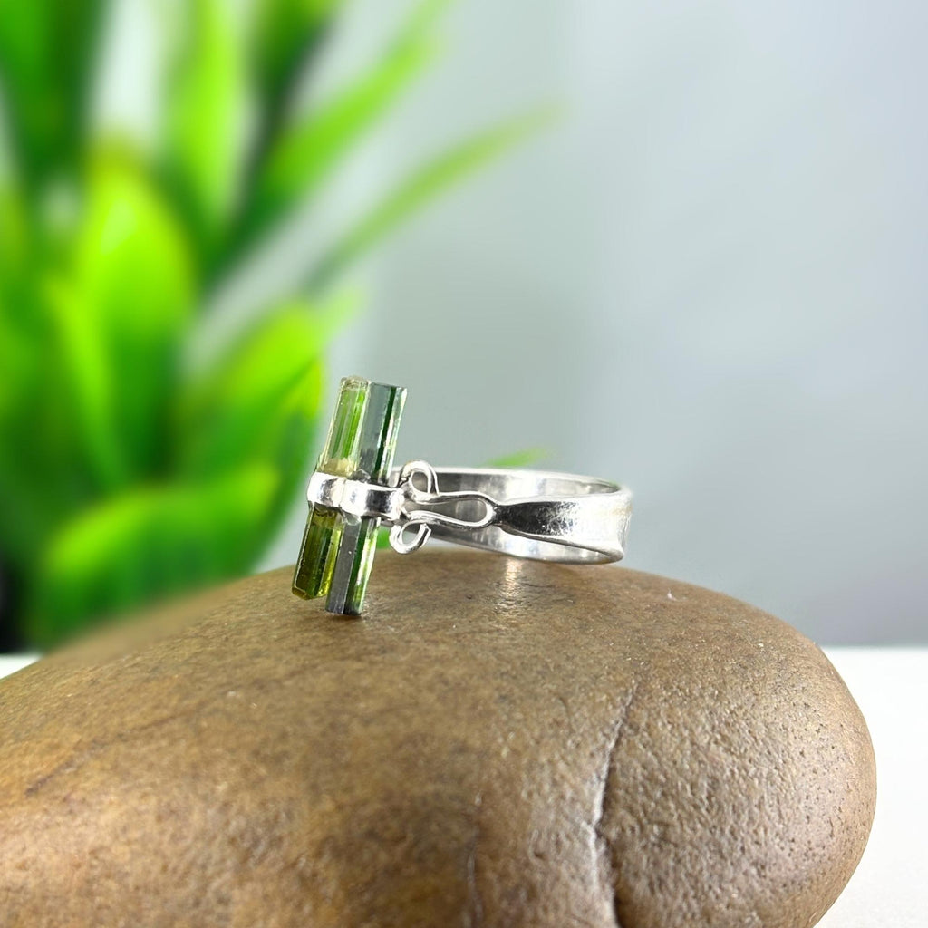 Raw Tourmaline Bar Ring: Adjustable Sterling Silver Stick Ring