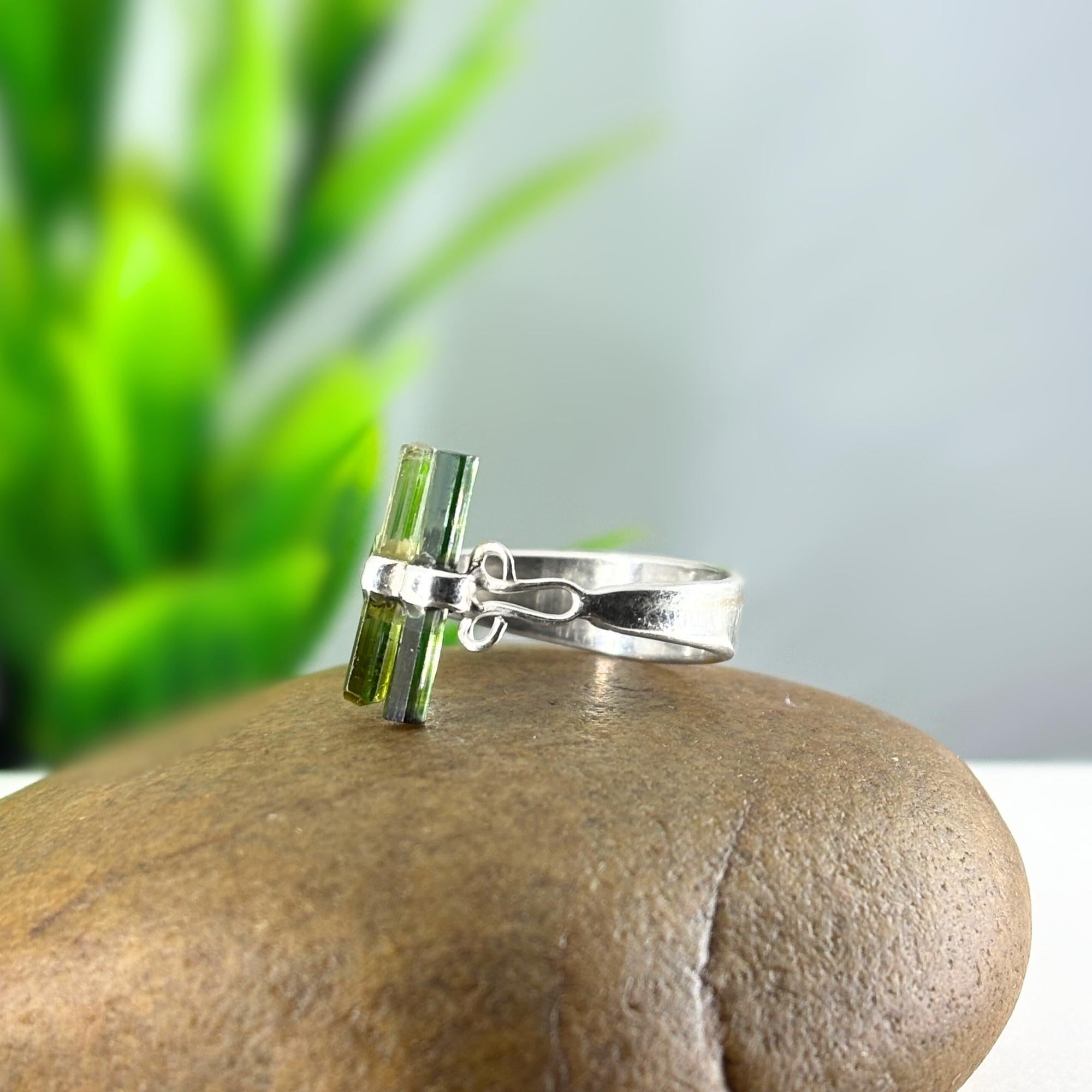 Raw Tourmaline Bar Ring: Adjustable Sterling Silver Stick Ring