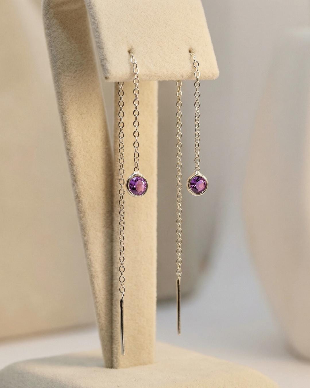 Amethyst Threader Earrings 925 Sterling Silver | Dainty Chain Drop | Gift for Her | Minimalist Jewelry
