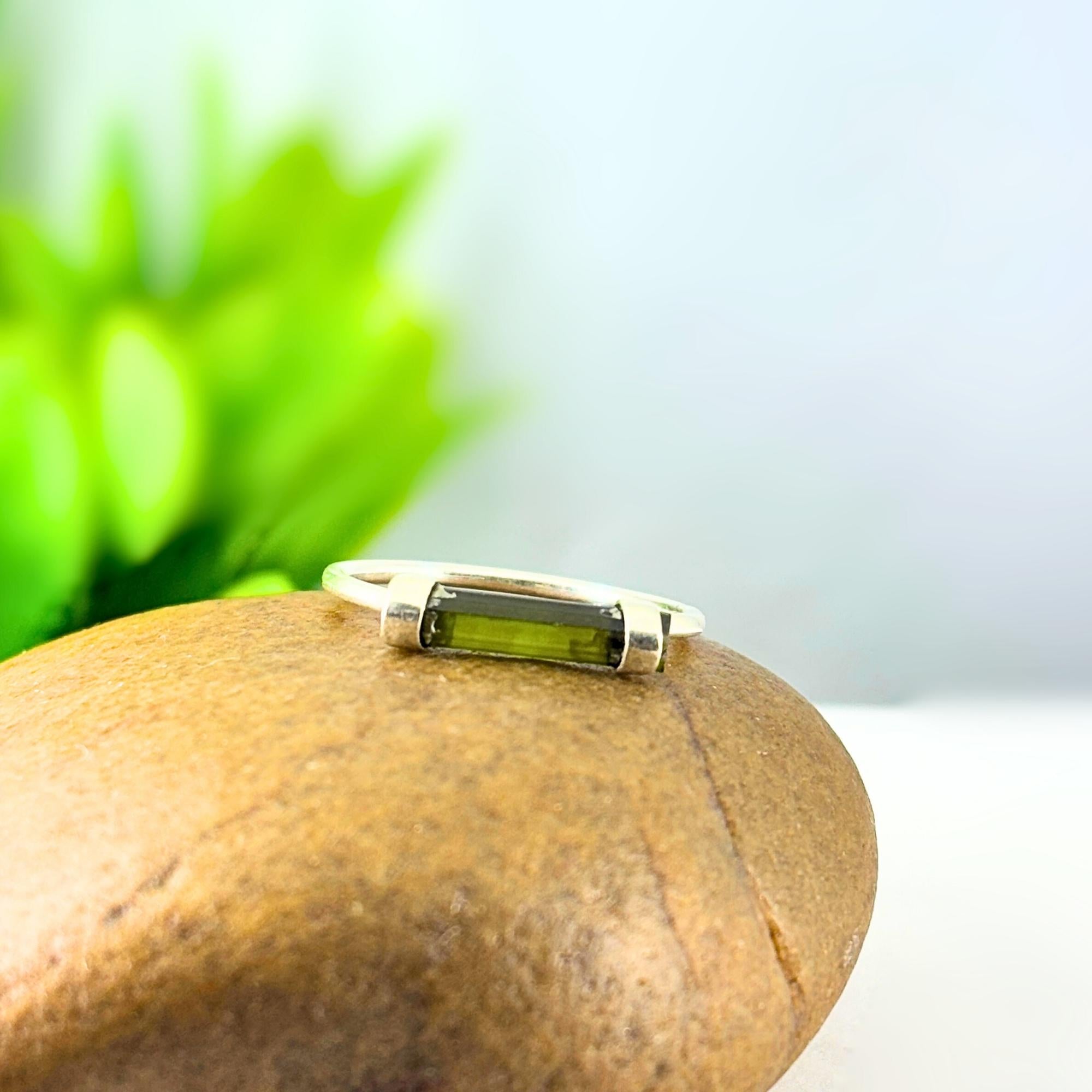 Raw Green Tourmaline Bar Ring: Handcrafted Sterling Silver Minimalist Ring