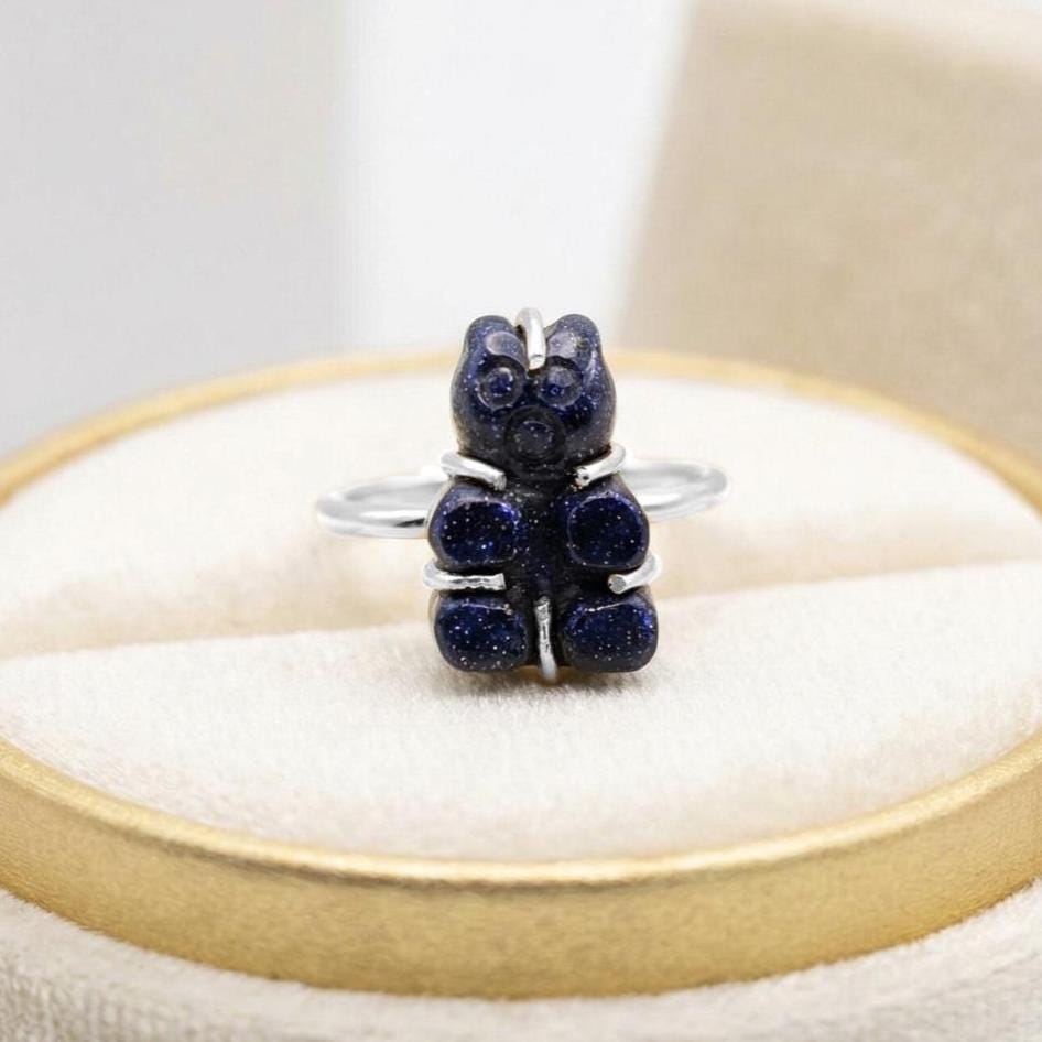 Sterling Silver Black Sunstone Teddy Bear Ring: Hand Carved Gemstone